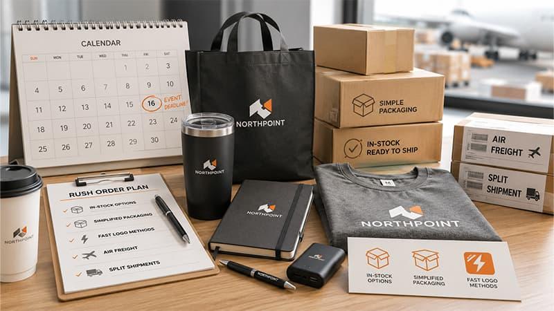 Rush order plan for promotional products with in-stock options, simple packaging, fast logo methods, air freight, and split shipment.