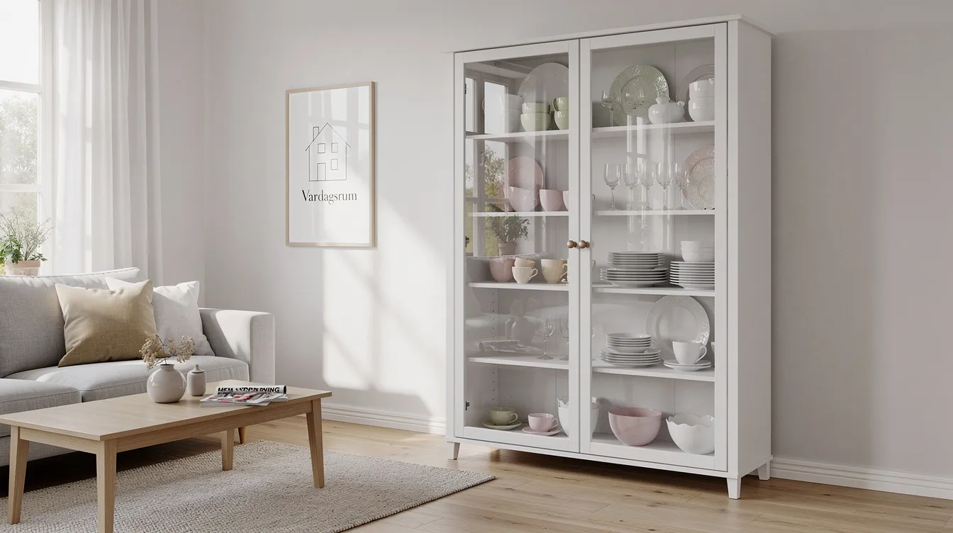 I det ljusa vardagsrummet finns ett vitt vitrinskåp med glasdörrar som visar upp ett sortiment av porslin och glasföremål. Skåpet ger en känsla av elegans och passar perfekt som förvaring för både klassiska och moderna detaljer i hemmet.