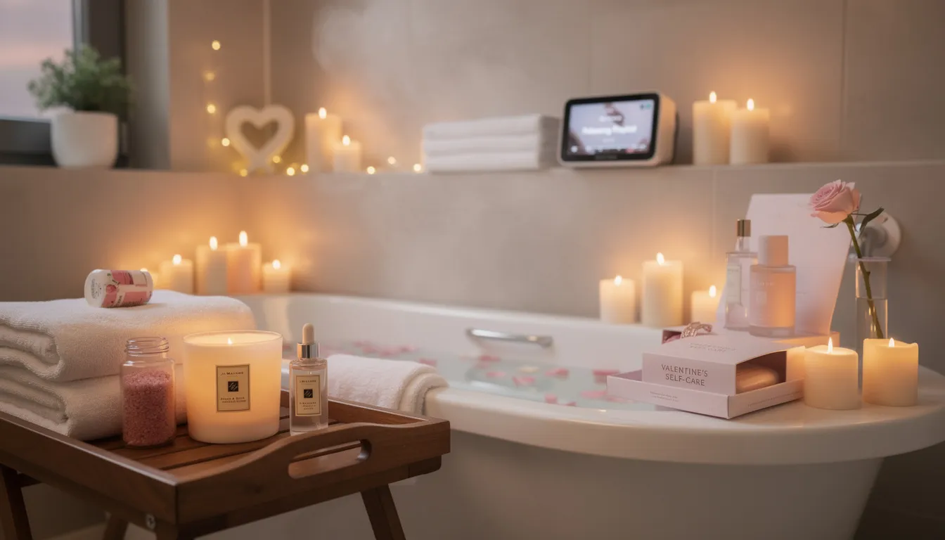 The image showcases a serene spa setting, complete with scented candles, luxurious bath products, and soothing bath salts, perfect for a Valentine's Day gift guide focused on self-love and pampering. A relaxing massage table is adorned with soft towels, creating an inviting atmosphere for a special day of self-care or a shared experience with a loved one.