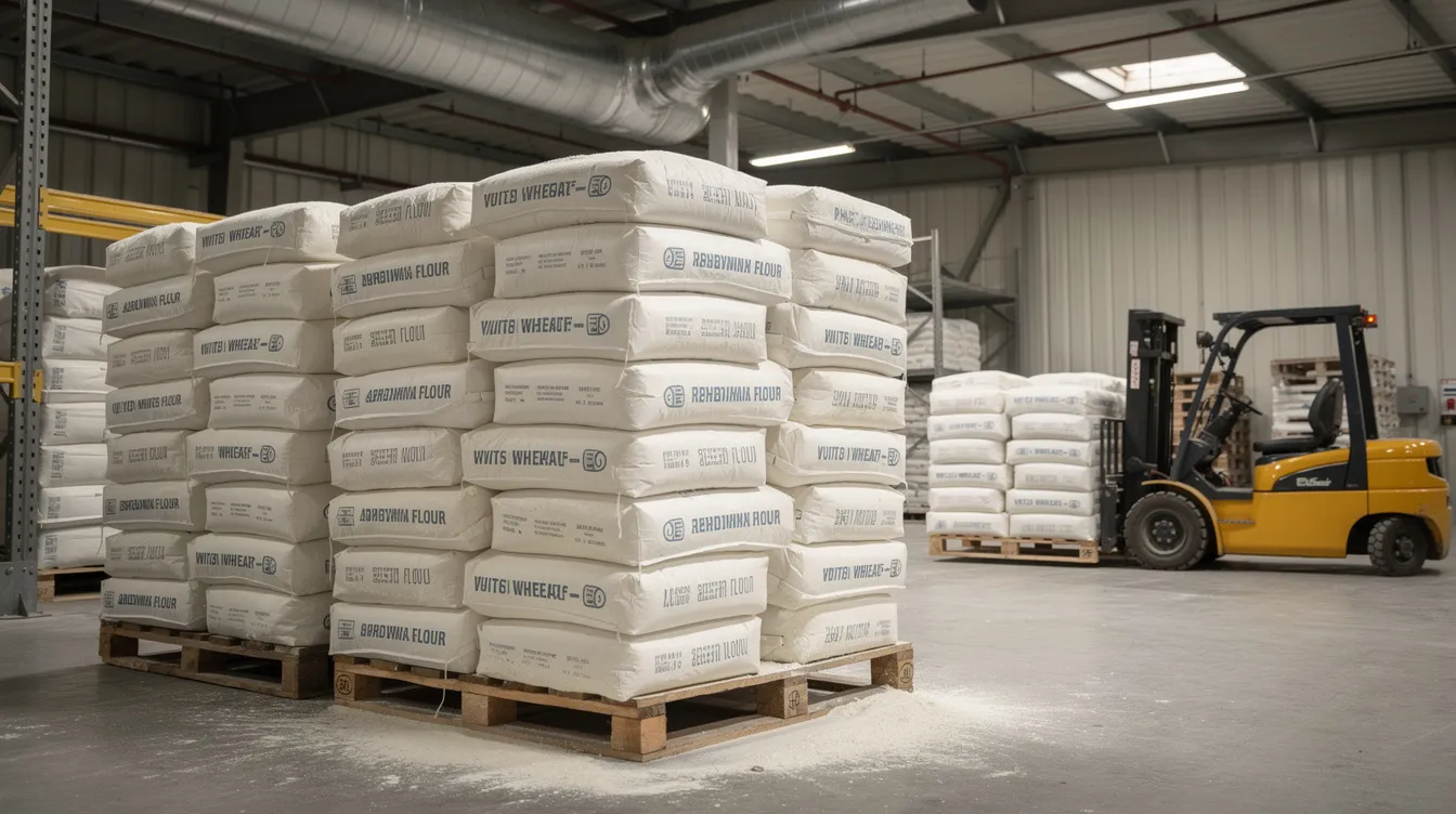 be04472c ace3 4a2e b2a7 b31c89cf5c6f The image shows bags of refined white wheat flour stacked neatly in an industrial warehouse, with a forklift positioned in the background, indicating an active manufacturing plant. This setting reflects the operations of flour mills like Ambuja Flour Mills Ltd and Anirudh Foods Ltd, involved in processing wheat grains for various flour products.