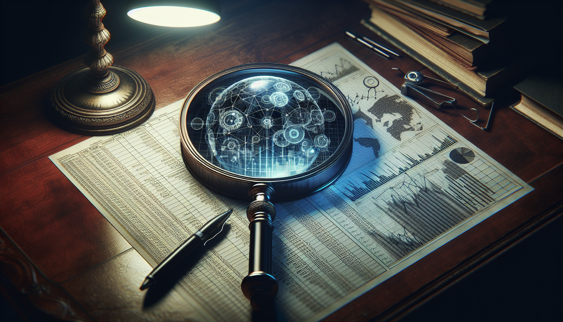 A magnifying glass over a balance sheet, symbolizing analysis of accounts payable balance