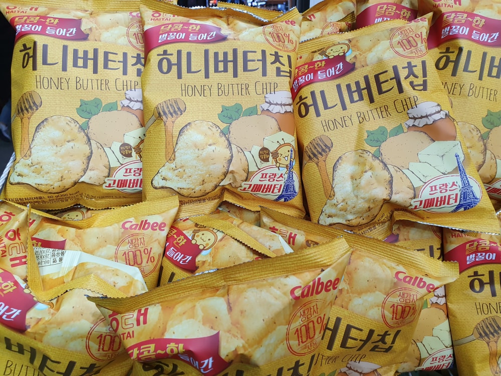 Seoul, South Korea - December 19 2019 Image of popular Korean snack called Honey Butter Chip. A sweet and buttery taste snack.