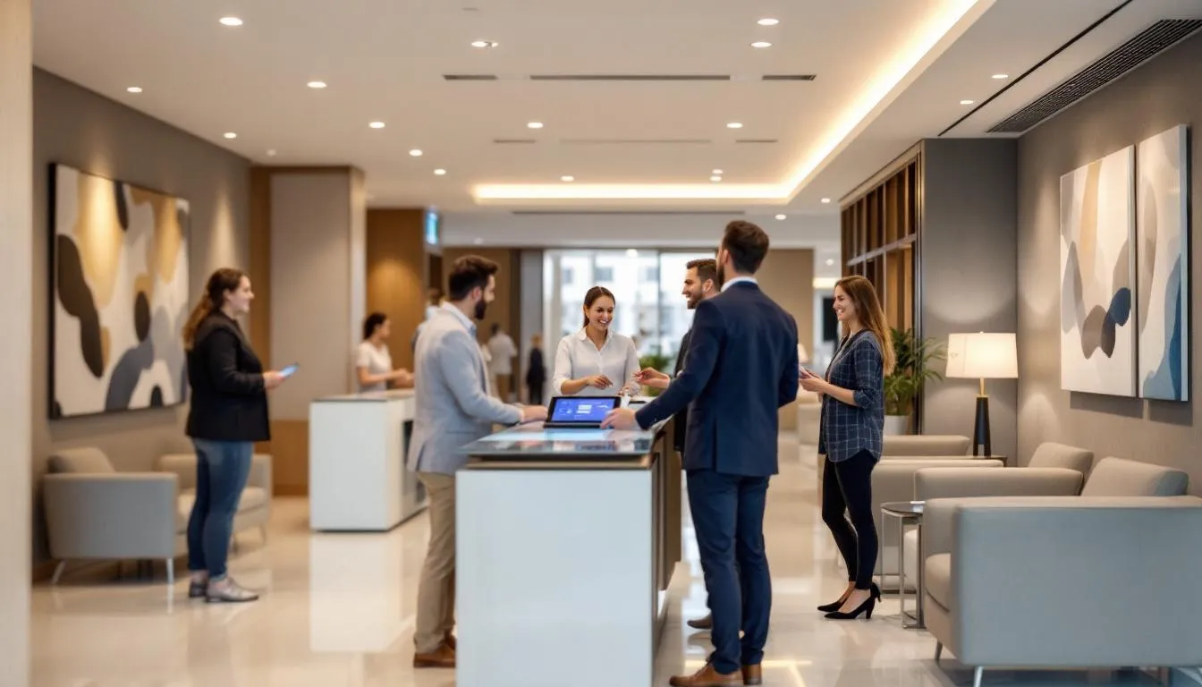 In the image, a modern hotel lobby showcases a spacious and inviting atmosphere filled with happy guests interacting with friendly staff, reflecting the hotel's operational efficiency and focus on guest experience. The design highlights the importance of the hospitality industry's financial performance, indicating a well-managed environment that drives profitability and enhances the overall guest experience.