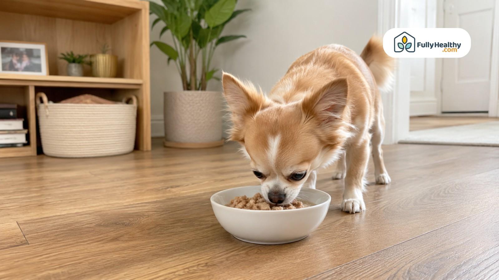 Small dog eating softened kibble from white bowl on wooden floor