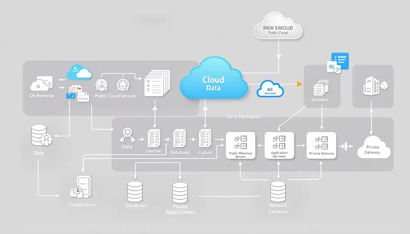The image depicts a cloud infrastructure diagram illustrating the flow of data between various sources and destinations, highlighting key components like Azure Data Factory and Hevo Data for seamless data integration and transformation. It showcases data pipelines, data movement, and the orchestration of complex workflows within cloud environments, emphasizing the importance of efficient data ingestion and processing.