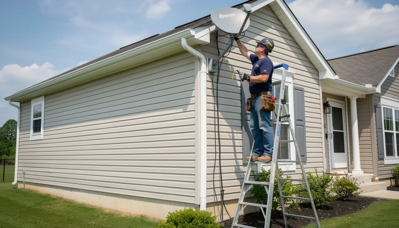 A satellite TV technician is on a ladder, skillfully adjusting a satellite dish on the roof of a residential home, ensuring proper alignment for optimal signal reception. This professional DSTV installation service highlights the technician's expertise in providing reliable DSTV installation and repair services in Plattekloof.
