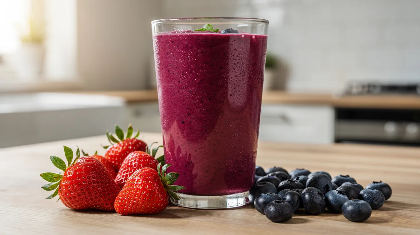 A tall glass filled with a vibrant berry and spinach smoothie showcases a creamy texture and rich colors, accompanied by fresh strawberries and blueberries on the side. This delicious drink can be enhanced with unflavored protein powder for added nutrition and a complete protein boost.