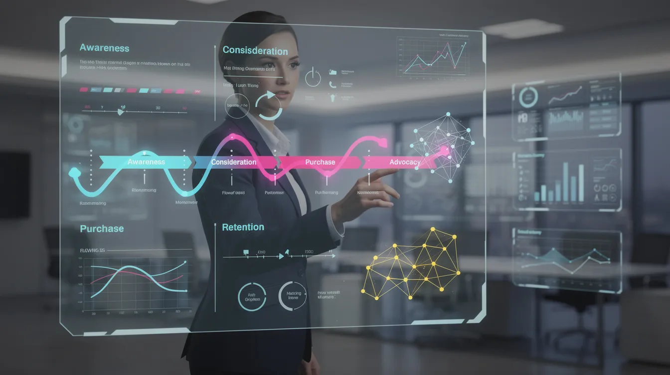 La imagen muestra a una persona interactuando con una pantalla táctil en la que se muestran visualizaciones de datos interconectadas que ilustran un mapa de « Customer Journey », en el que se destacan aspectos clave del valor de marca, como la fidelidad a la marca y la percepción de la misma. Esta representación visual subraya la importancia de comprender las interacciones con los clientes para mejorar la gestión de la marca y construir un valor de marca sólido.
