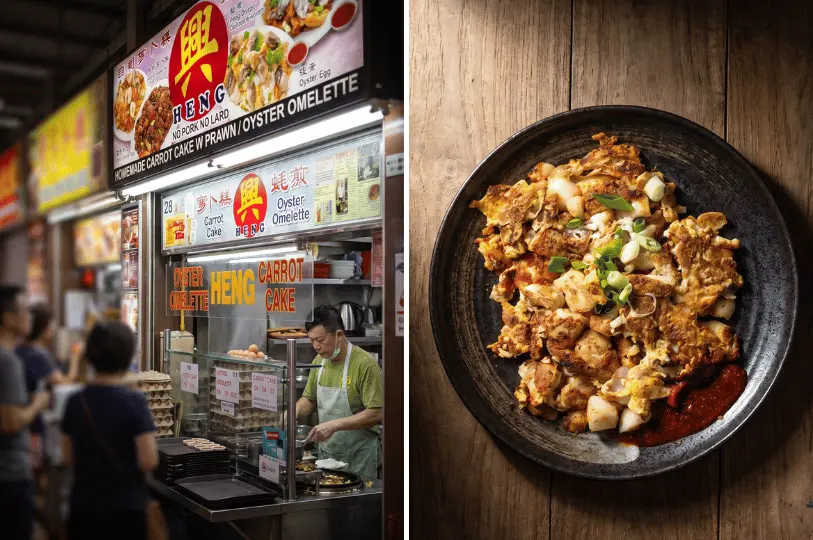 Split-screen image featuring the Heng Carrot Cake and Oyster Omelette stall (Stall 28) with customers waiting, next to a professional close-up of fried carrot cake served in a black bowl with a side of sambal.