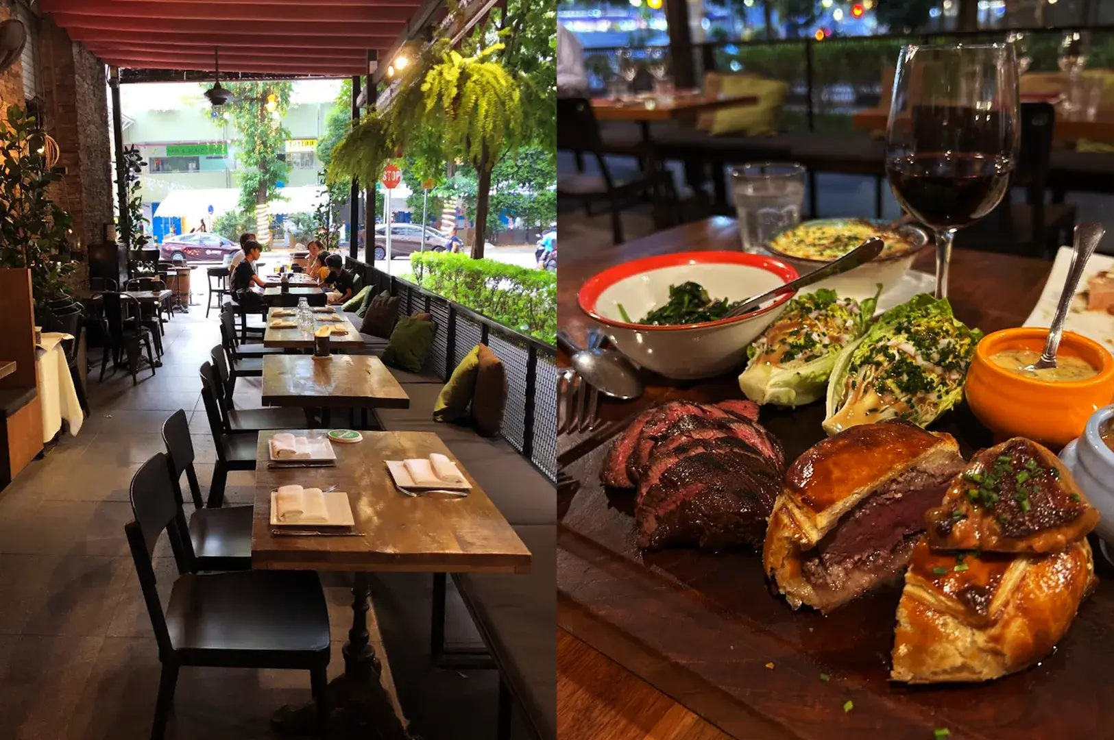 Split image showcasing the elegant outdoor dining terrace of Bar-Roque Grill in Tanjong Pagar on the left, and a close-up of a gourmet meal featuring beef wellington, sliced steak, and sides served with red wine on the right.