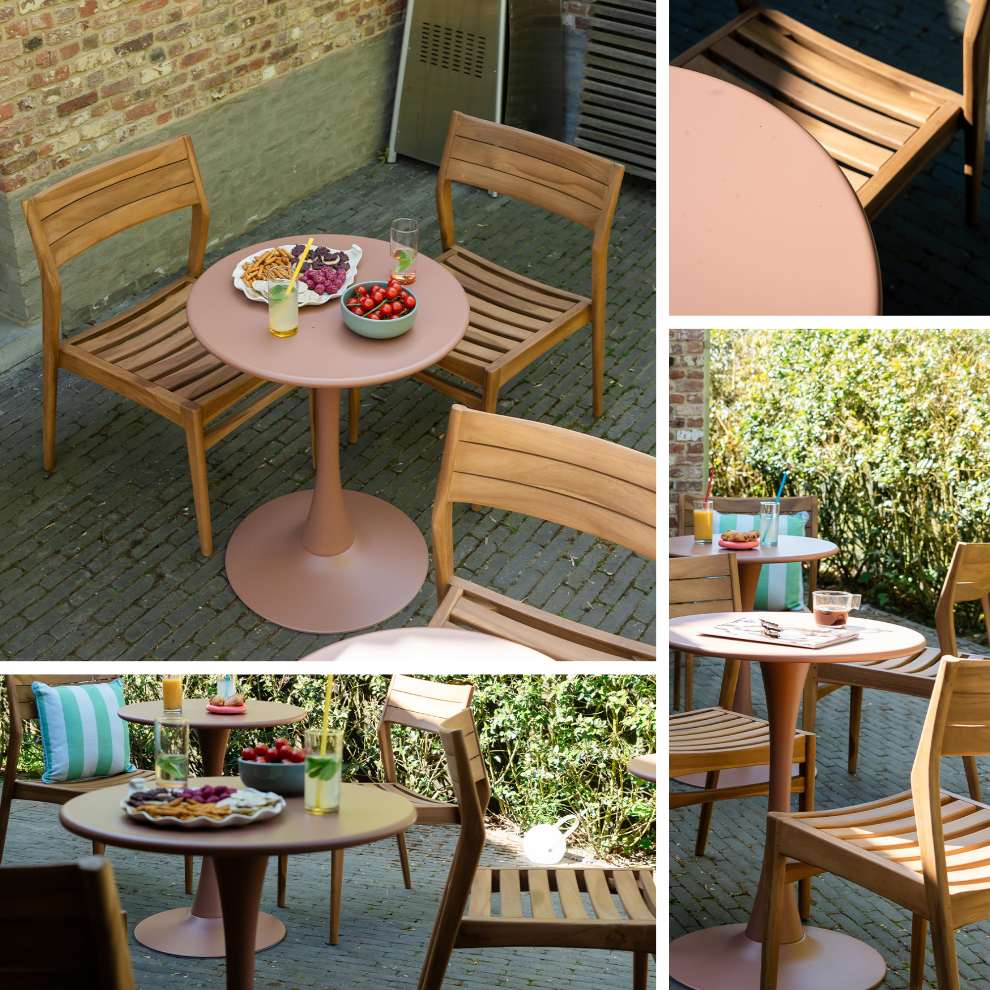 Table de jardin ronnde en acier Wilsa Garden associée aux chaises NAPLES en teck