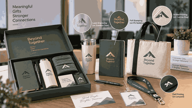 Custom corporate gift set showing laser engraving, foil stamping, screen printing, and pad printing on different product surfaces.