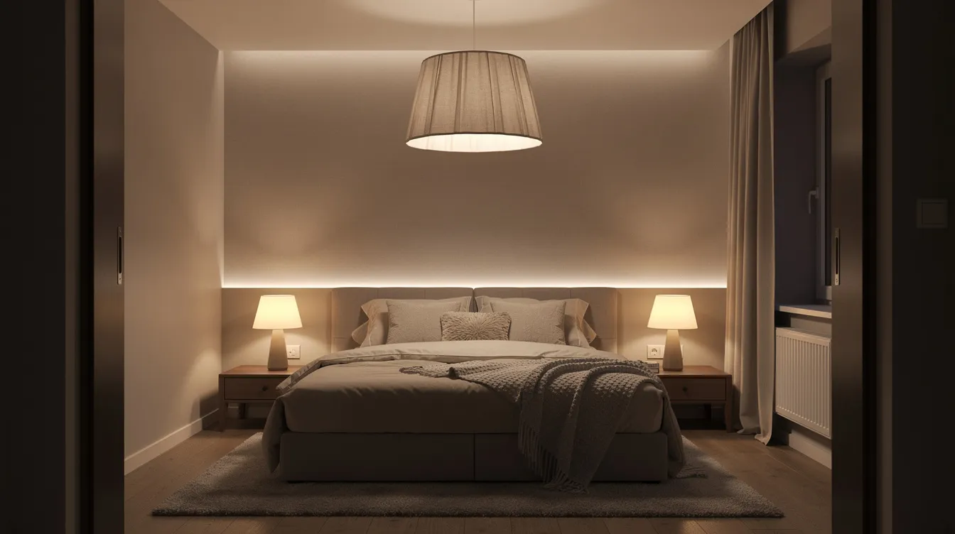 De slaapkamer is sfeervol verlicht met warme, gedimde led verlichting en nachtkastlampjes, terwijl een zachte hanglamp een gezellige en rustige atmosfeer creëert. De verlichting zorgt voor een gelijkmatige lichtverdeling, ideaal voor ontspanning en een goede nachtrust.