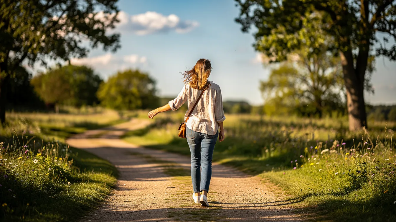 A woman is walking along a sunny path, enjoying the outdoors and the warmth of the sun. This scene highlights the importance of lifestyle changes and exercise in managing women's health, particularly in relation to conditions like uterine fibroids and hormonal balance.