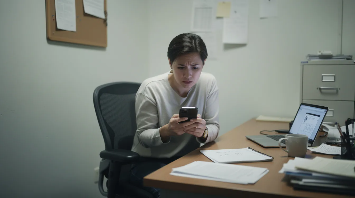be19b597 24de 4bf1 a137 d97a58025fd3 A person sits at a desk in a small office, looking at their mobile phone with a concerned expression, possibly regarding their financial situation or a business loan application. The setting suggests they may be exploring options for financial assistance, such as a Mudra loan, to support income-generating micro enterprises or covering loans.
