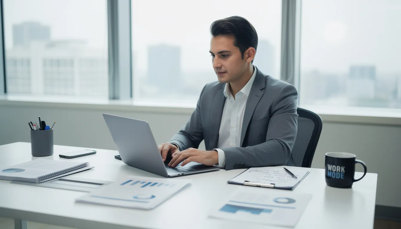 Professional working on laptop researching off market properties.