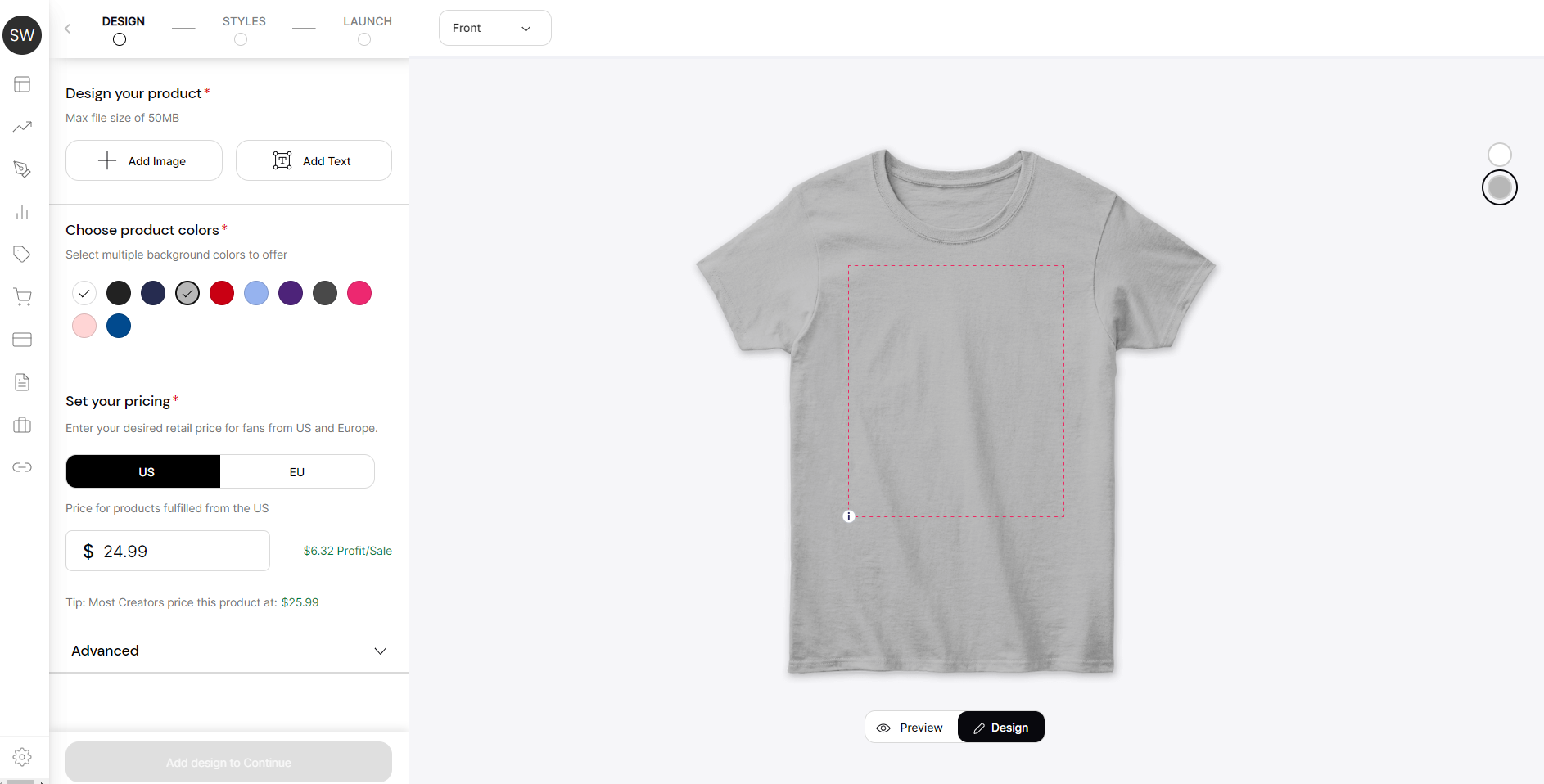 Teespring t-shirt design tool