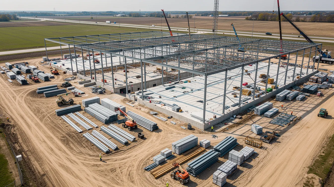 An aerial photograph showcases a large warehouse facility under construction, featuring steel framing and adjacent laydown areas. This image highlights the use of drone technology for site surveys and progress monitoring in complex construction projects, emphasizing the operational benefits and improved efficiency within the construction industry.