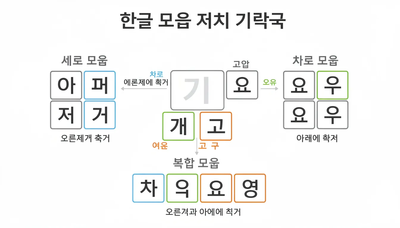 The diagram illustrates the positioning rules for Korean vowels within syllable blocks of the Korean writing system, Hangul. It visually represents how basic vowels combine with Korean consonants to form syllables, aiding learners in understanding Korean pronunciation and the structure of Korean words.