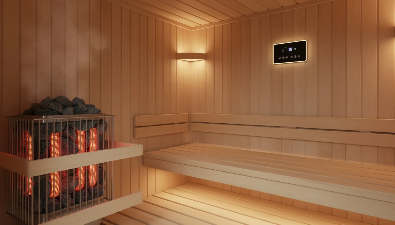 The image showcases a modern wooden sauna interior featuring a sleek digital control panel mounted on the wall, which allows users to manage the sauna's temperature and lighting for an enhanced sauna experience. The visible heating elements and advanced features of the control system contribute to the convenience and functionality of this relaxing space.