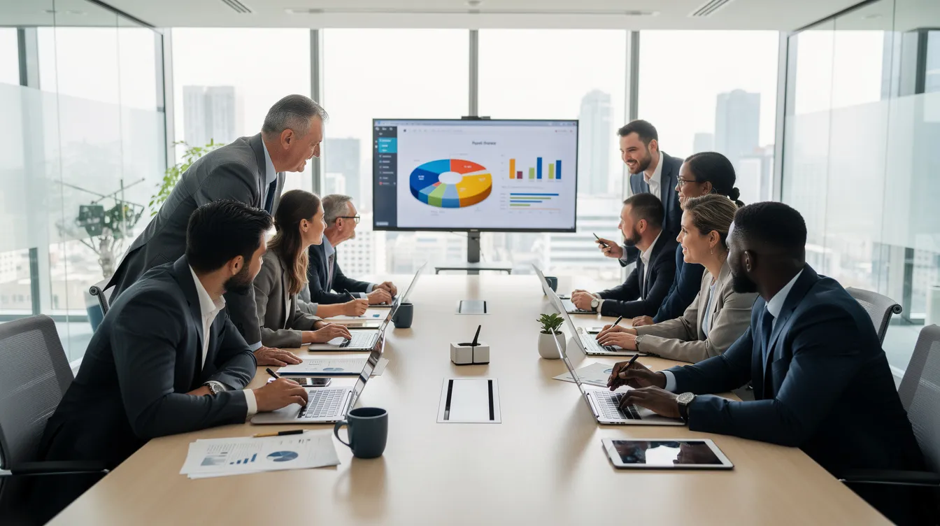 The image depicts a diverse group of professionals engaged in collaboration around a conference table, discussing key aspects of risk management and compliance. They are likely sharing insights on governance risk and compliance (GRC) frameworks, highlighting the importance of teamwork in navigating regulatory compliance and risk assessment in various industries.