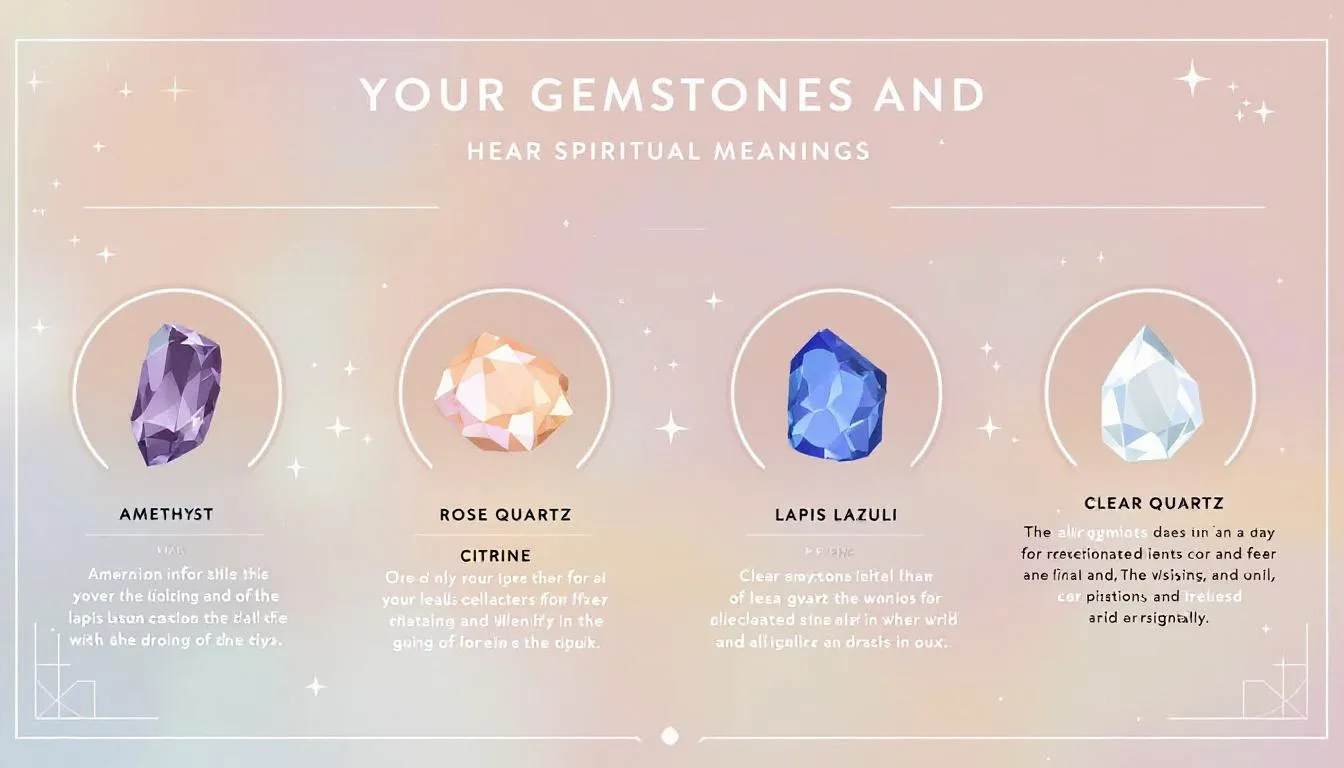 The image showcases a collection of luxury spiritual jewelry featuring various gemstones, each symbolizing different personal goals such as inner peace and emotional healing. Among the pieces are necklaces, bracelets, and rings crafted from natural stones and precious metals, designed to provide protection and reduce stress in everyday life.