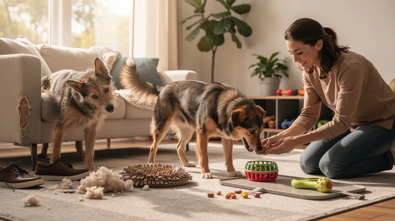 The image depicts a happy dog engaging with various dog enrichment activities, including a puzzle toy and a snuffle mat filled with treats, showcasing how these activities provide mental stimulation and physical exercise for dogs. In the background, there are DIY enrichment ideas like a cardboard box and a lick mat, emphasizing the importance of keeping dogs entertained and reducing unwanted behaviors.