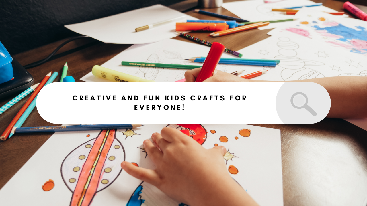 "Vibrant collage of kids' crafting supplies and activities, designed with a feminine and energetic theme."