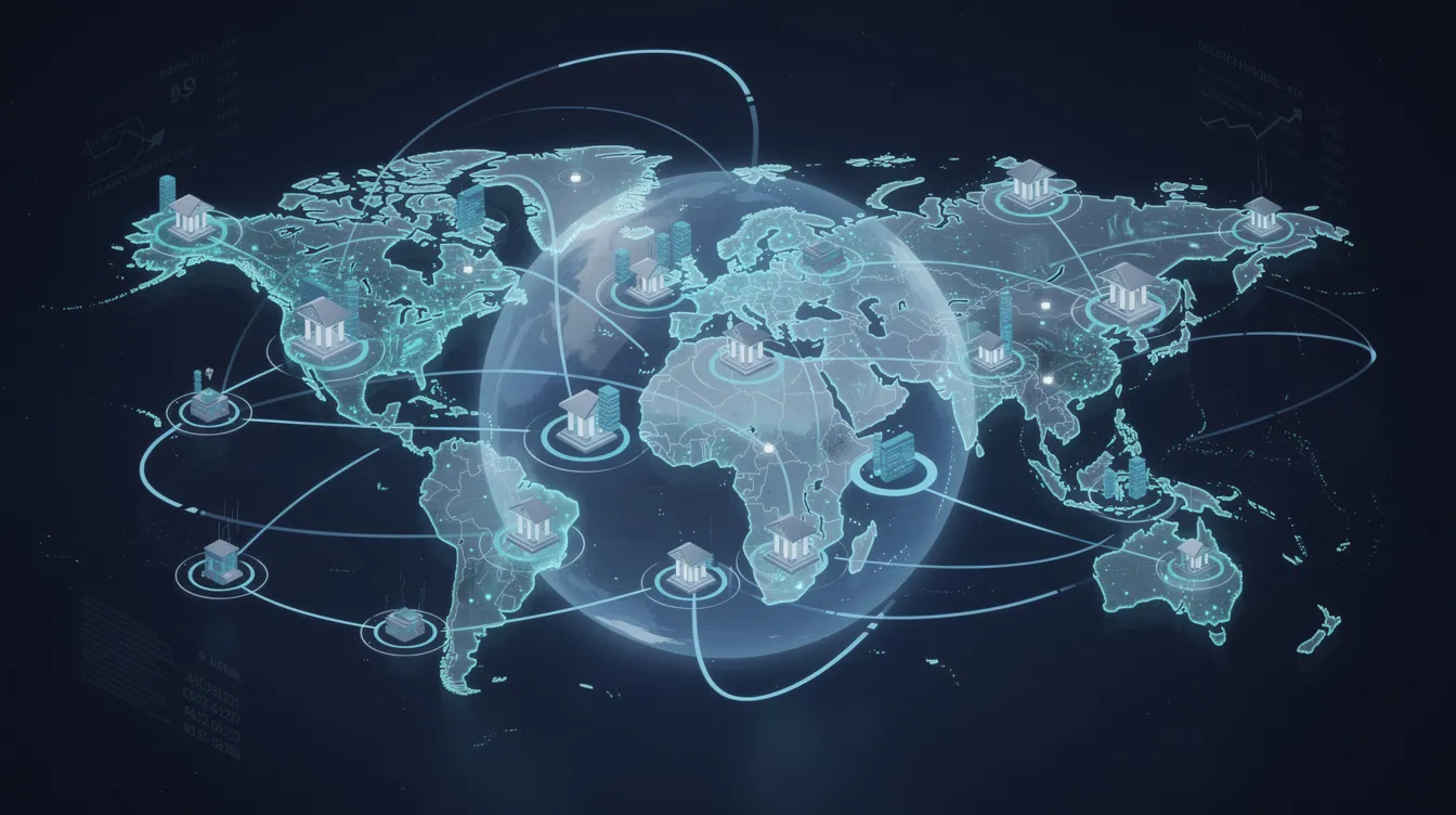 The image depicts an intricate global network of banking nodes, symbolizing international financial connectivity, with various lines and connections representing the flow of money and funds across countries. This interconnected system illustrates the role of banks, such as Unity Small Finance Bank, in facilitating international wire transfers and ensuring seamless transactions for users worldwide.