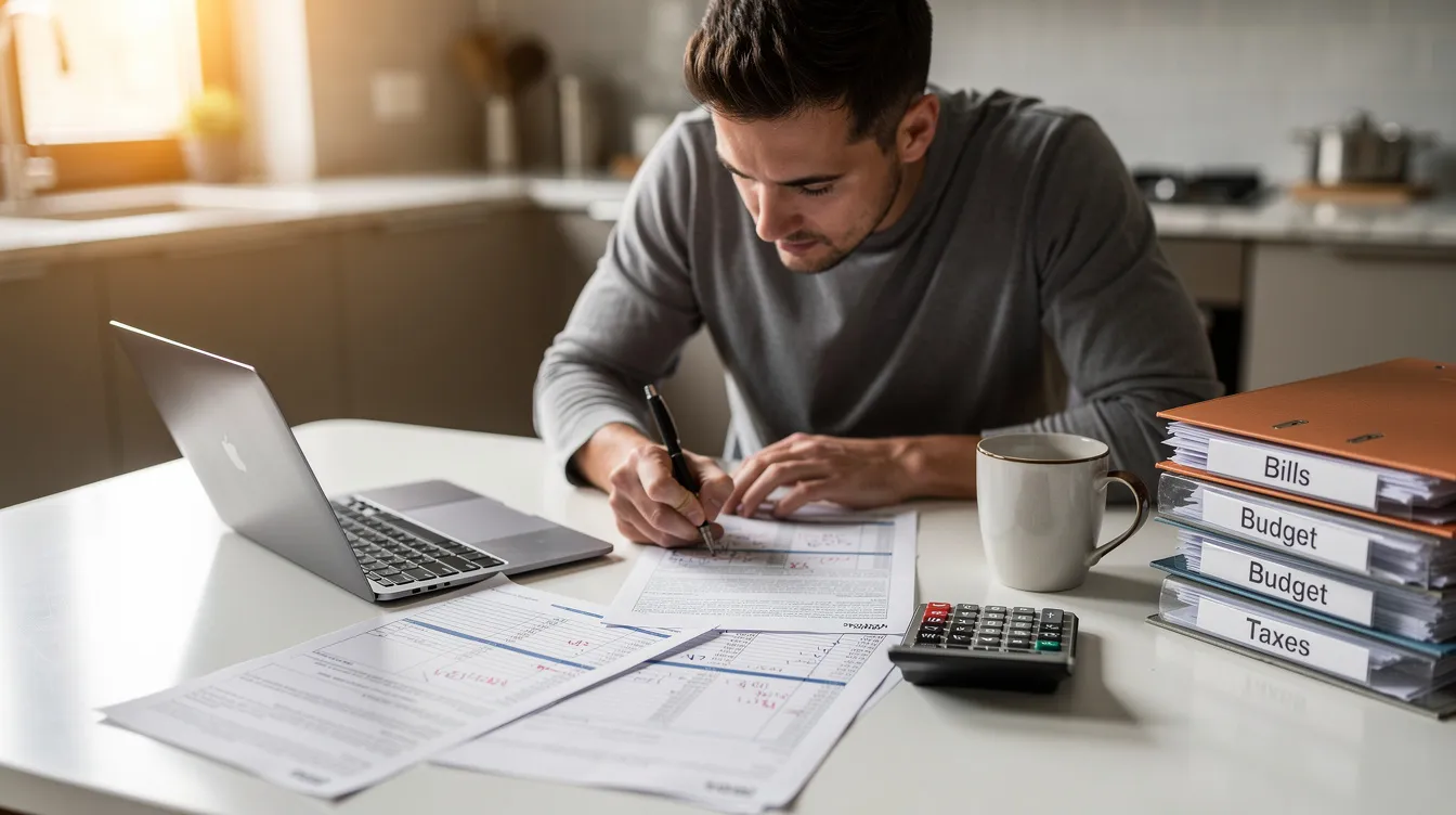 A person is seated at a kitchen table, reviewing financial documents with a laptop and a calculator nearby, likely considering options for home equity loans or personal loans. The scene reflects personal finance topics, as they evaluate interest rates and repayment periods for various loan products.