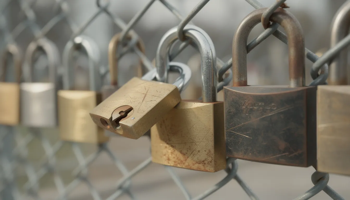 The image depicts multiple padlocks hanging on a chain link fence, with one padlock visibly open, symbolizing the vulnerability of personal and financial information to identity theft. This visual representation highlights the importance of identity monitoring services to protect against unauthorized access and potential identity fraud.
