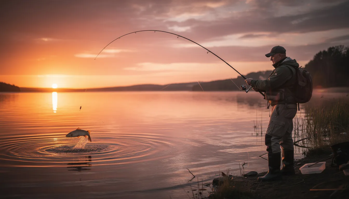 Wędkarz w momencie emocjonującego holowania ryby, z wędką wygiętą w łuk, stoi nad wodą o zachodzie słońca. Scena ukazuje pasję wędkarstwa gruntowego, gdzie odpowiedni sprzęt i techniki, takie jak metoda feedera, są kluczowe dla złowienia dużych ryb.