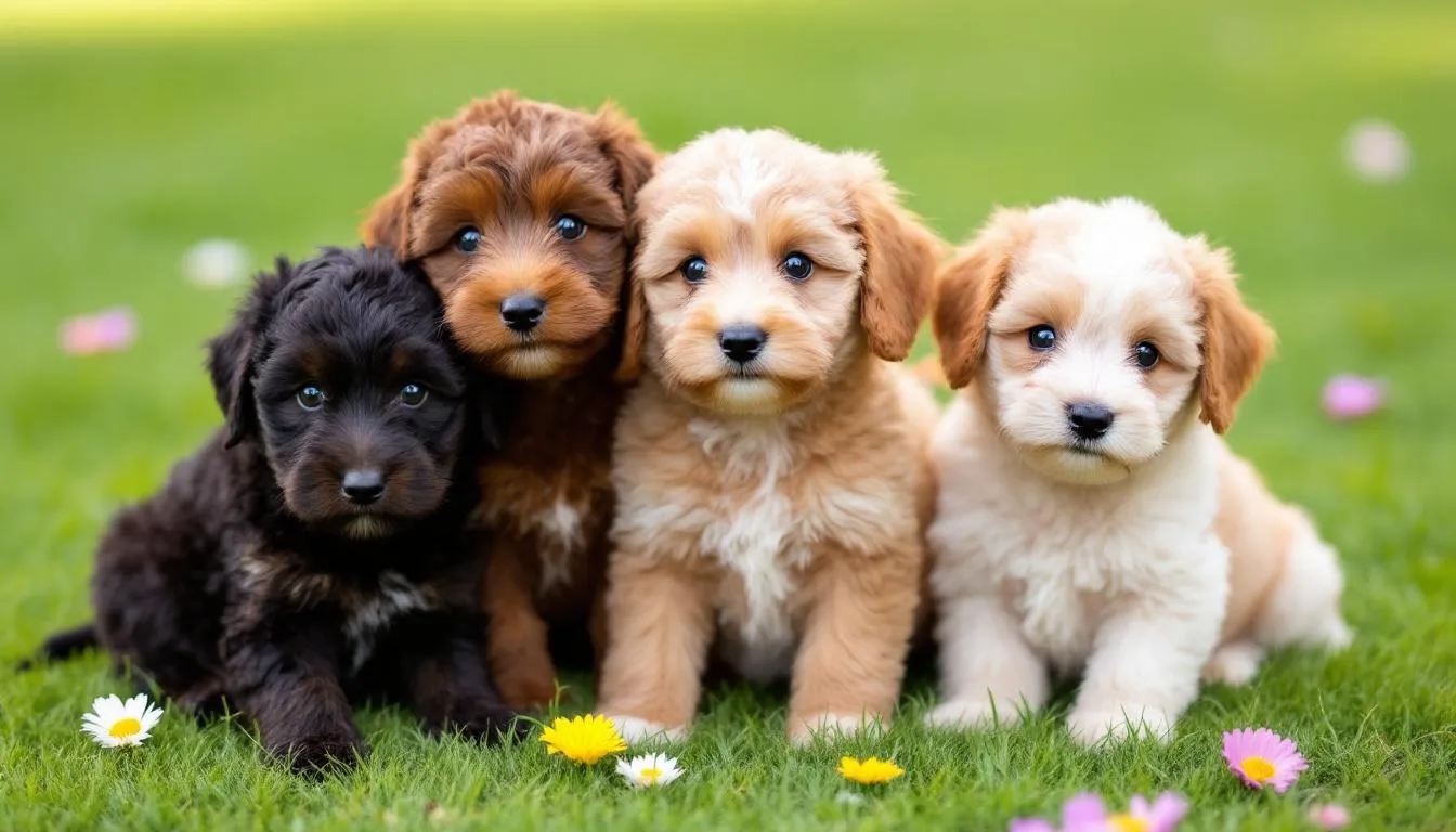 In this image, a group of adorable miniature doodle puppies, including mini goldendoodles and mini bernedoodles, are playfully sitting together on lush green grass. Their curly coats and friendly dispositions add to their charming appearance, making them perfect companions for families and pet parents alike.