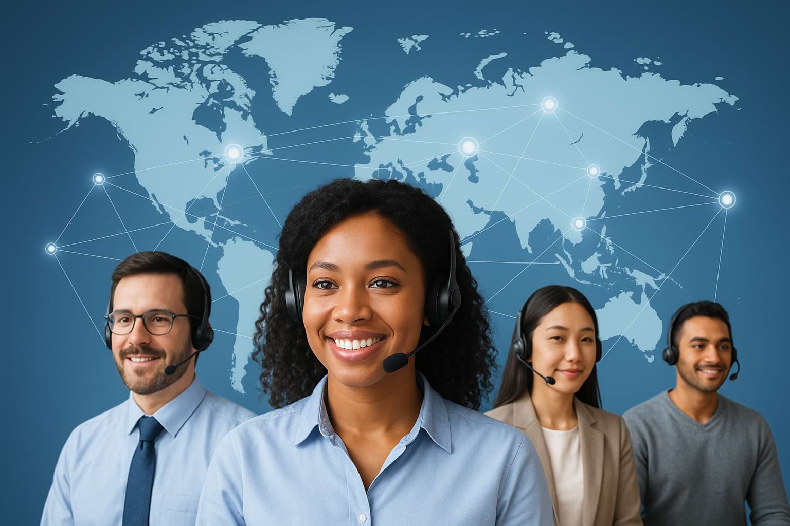 Diverse customer service professionals with headsets against digital world map representing global connectivity and strategy