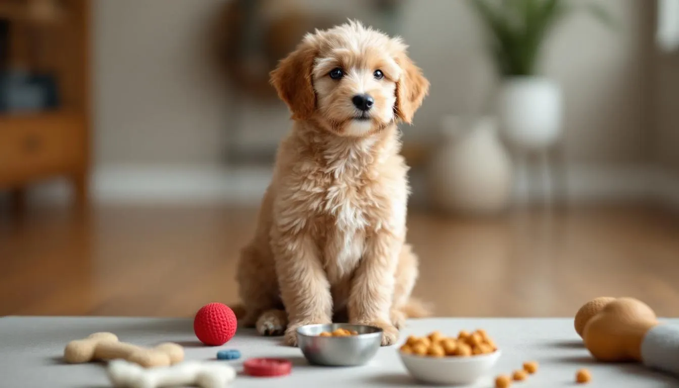 A goldendoodle puppy sits attentively during a training session, surrounded by colorful toys and treats, showcasing its playful personality and high intelligence. This intelligent dog, known for its easy trainability and affectionate nature, eagerly awaits commands as part of basic obedience training.