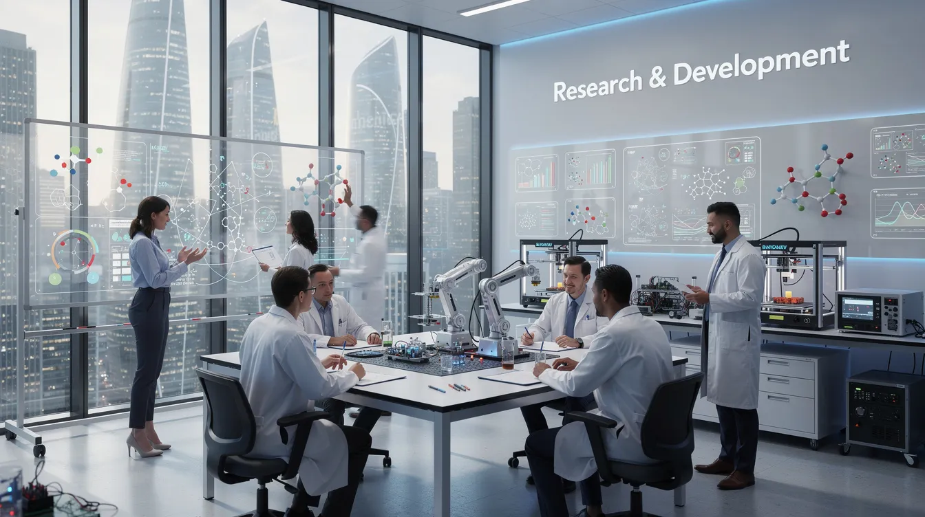 The image depicts a team of professionals engaged in a research and development meeting, surrounded by charts and graphs that analyze taxable income and potential s corp tax deductions. They are discussing strategies to optimize business expenses and tax savings for small business owners, emphasizing the importance of understanding tax deductions related to health insurance premiums and home office expenses.