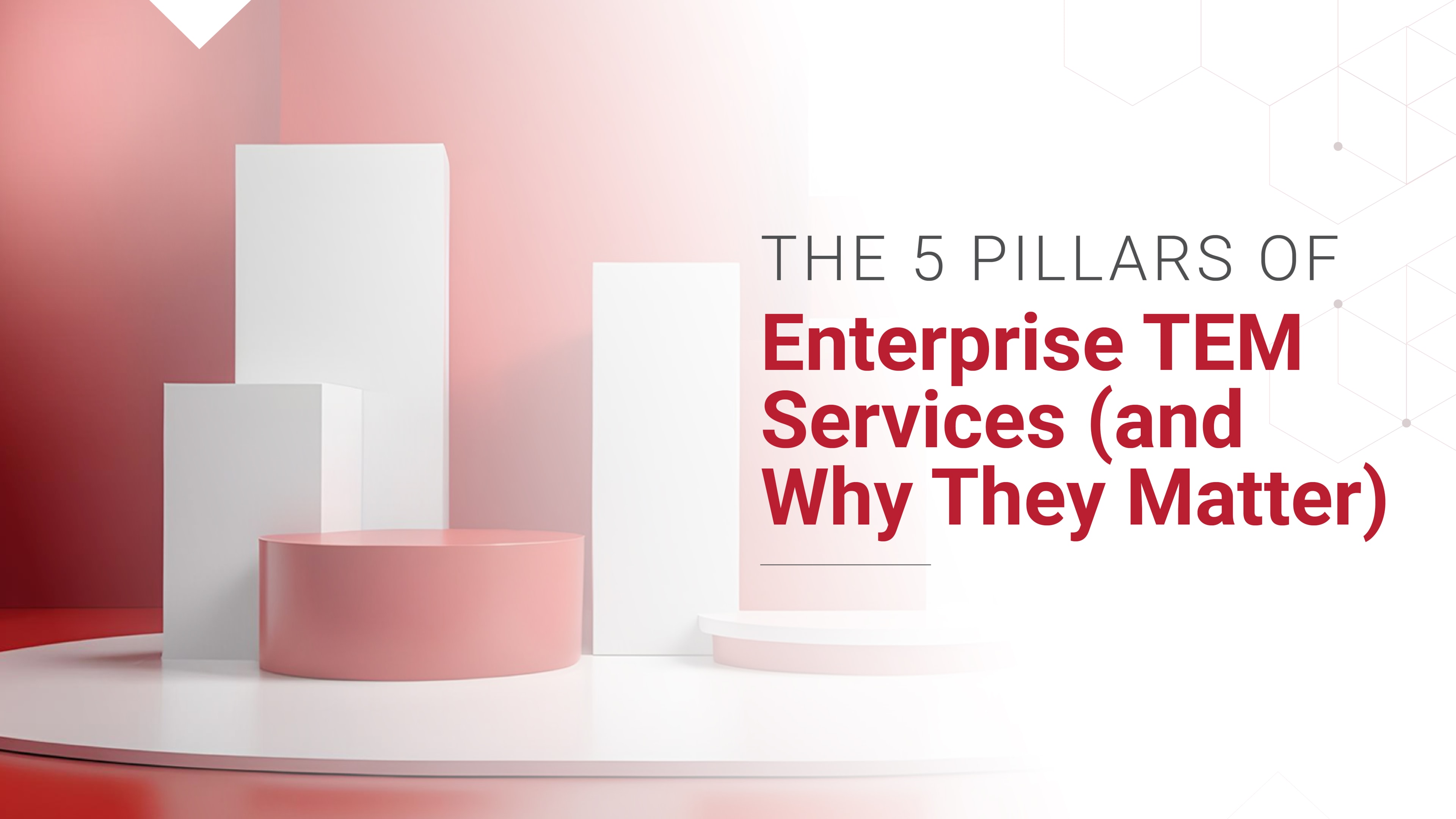 Stylized bar podiums in a red and white gradient space. Text describes the “5 Pillars of Enterprise TEM Services,” showcasing essential components of telecom expense management services.
