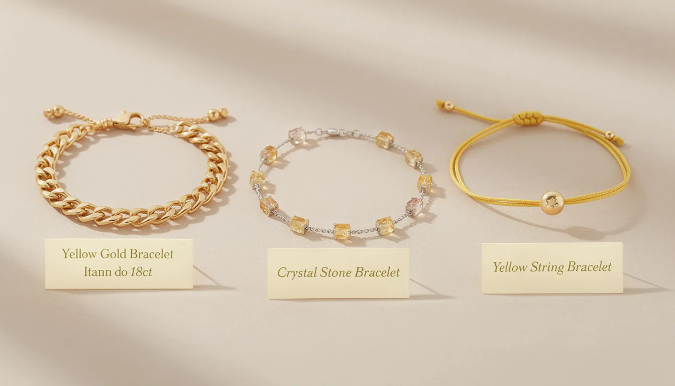 The image showcases a variety of yellow bracelets, including elegant yellow gold pieces known for their luxurious appeal, vibrant crystal stone bracelets featuring yellow stones like citrine, and colorful yellow string bracelets. Each style offers unique options to enhance personal style for any occasion.