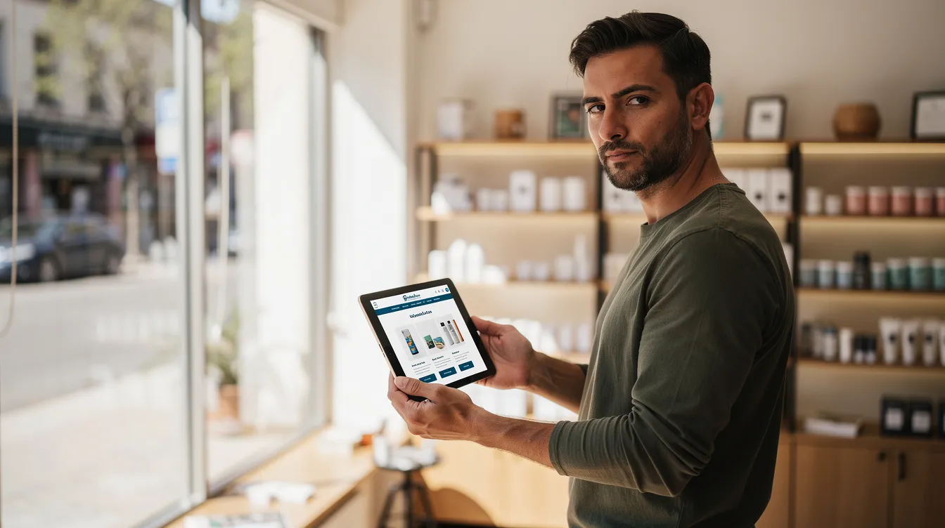 A small business owner is intently reviewing a mobile friendly website on a tablet, surrounded by bright displays in their storefront. The scene highlights the importance of responsive design for mobile users, ensuring the site performs well on various mobile devices.