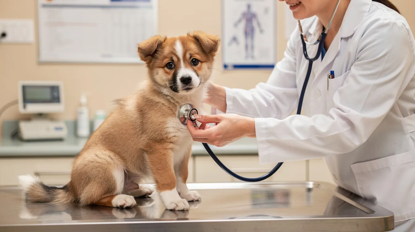 A veterinarian is carefully examining a small puppy, checking for signs of intestinal worms, which can affect the dog's health. The puppy appears alert and curious, while the vet assesses its overall condition to ensure it remains worm-free and healthy.