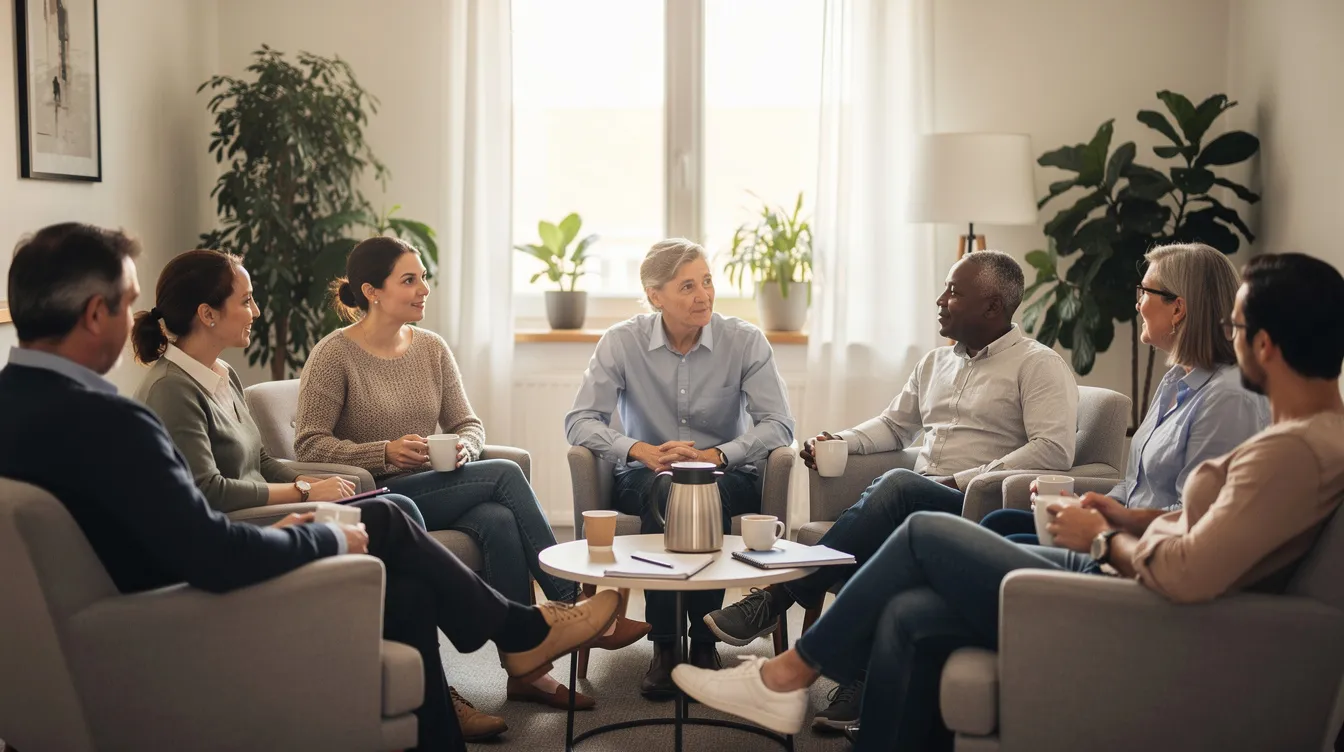 A diverse group of people is gathered in a cozy community meeting room, some holding coffee cups, engaged in a supportive conversation about mental health challenges. This peer-led support group provides a safe space for family members to share experiences, develop coping skills, and foster hopeful relationships while addressing the stigma surrounding mental illness.