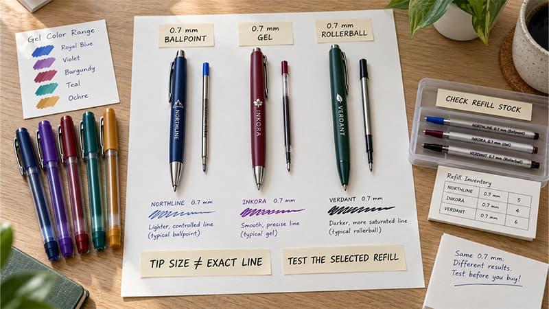 Ballpoint, gel, and rollerball pens with 0.7 mm refills compared for color range, actual line width, and replacement refill availability.