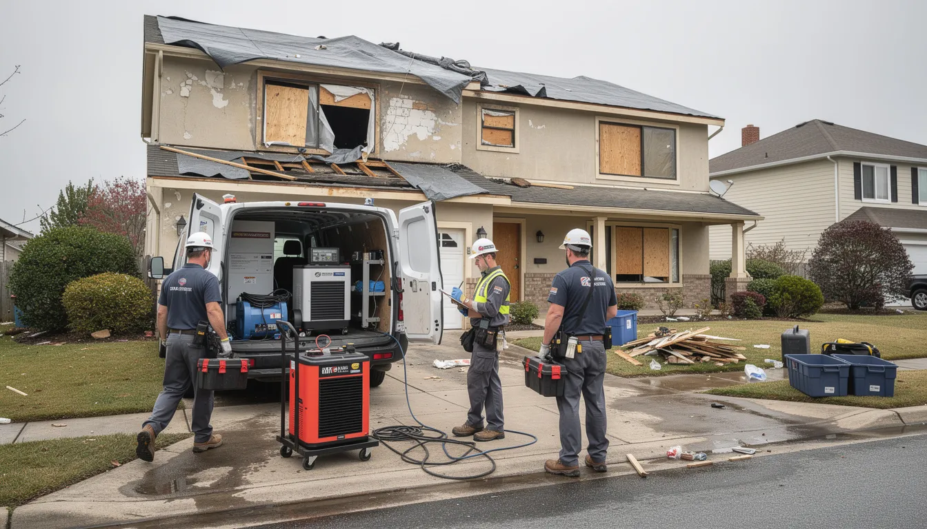 A restoration crew equipped with specialized tools arrives at a residential property severely affected by fire and flood damage, ready to begin the fire damage restoration process and assist the homeowner in restoring their property to its pre-loss condition. The team consists of highly trained professionals prepared to address water removal and smoke damage cleanup efficiently.