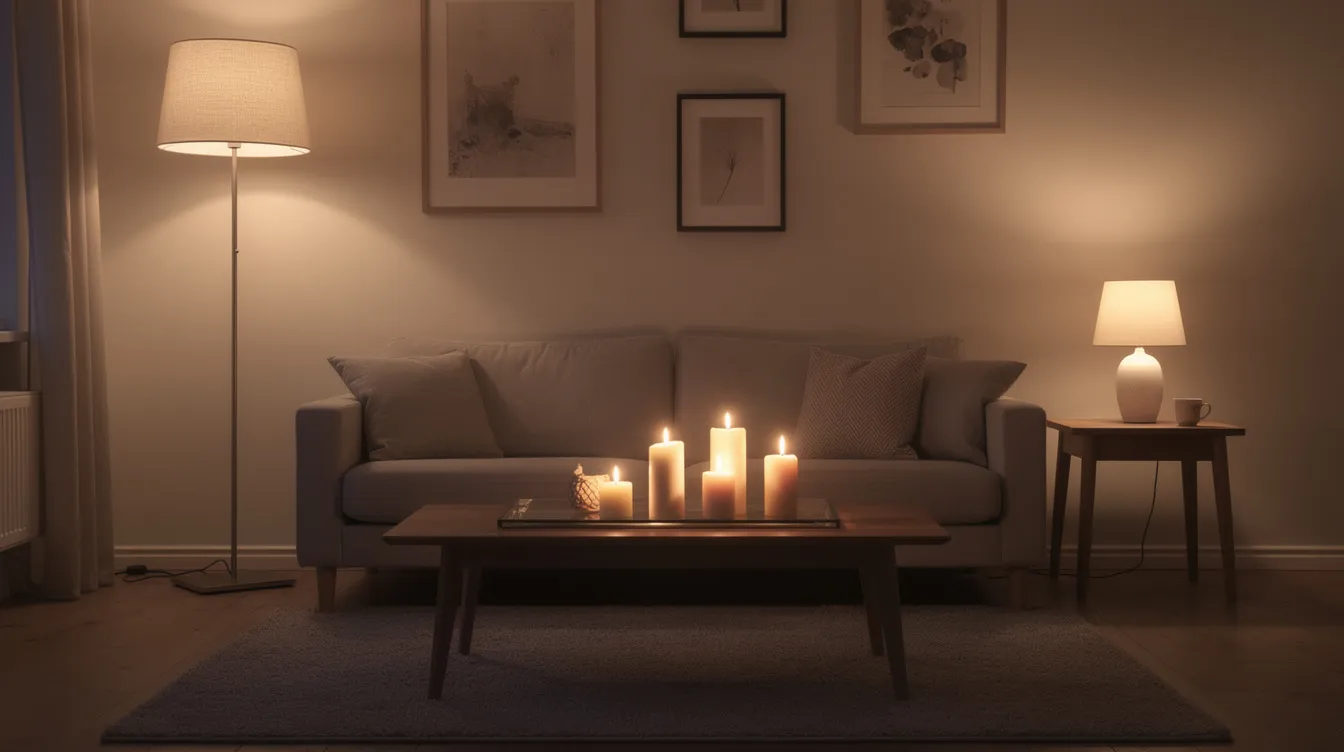 Ett mysigt vardagsrum som är upplyst av flera ljuskällor i varmt ljus, inklusive en golvlampa, en bordslampa och levande ljus på soffbordet. Denna inredning skapar en inbjudande och inspirerande känsla, perfekt för avkoppling och socialt umgänge.