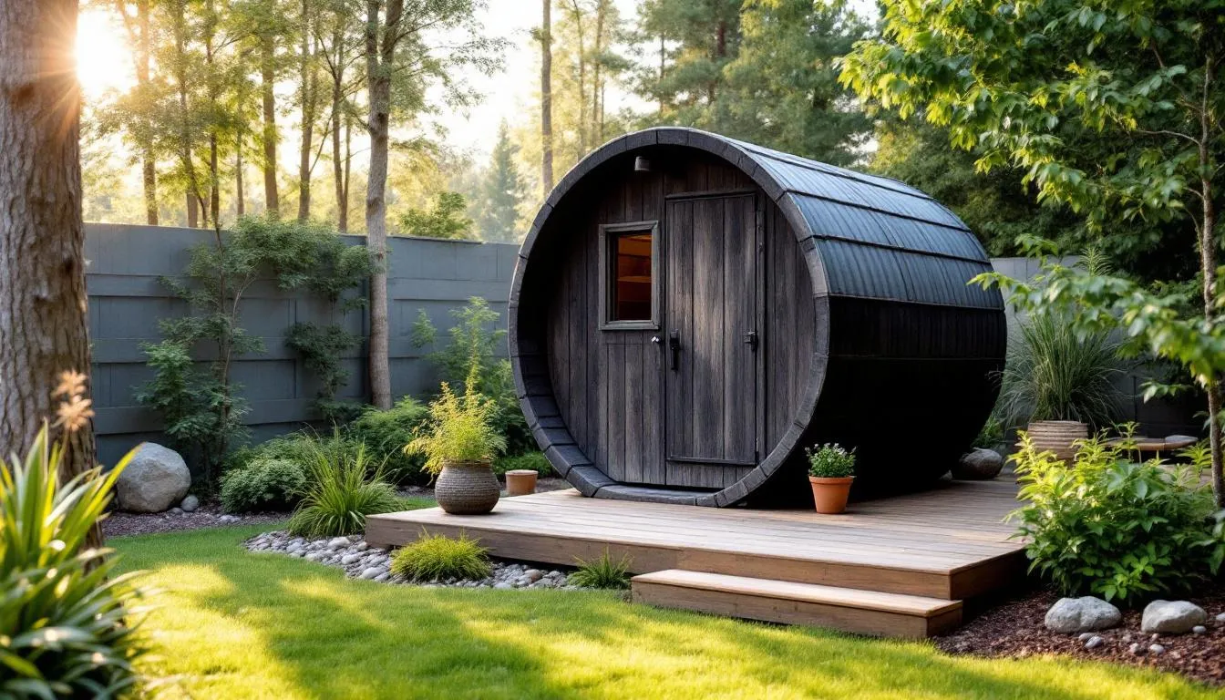 The image depicts a beautiful outdoor barrel sauna nestled within a lush backyard landscape, showcasing its natural wood finish and peaked roof. This sauna, designed for relaxation, is equipped with a wood burning sauna heater, inviting bathers to enjoy a rejuvenating sauna session in a serene outdoor setting.