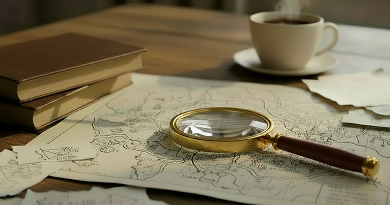 Map with a magnify glass and books on a desk.
