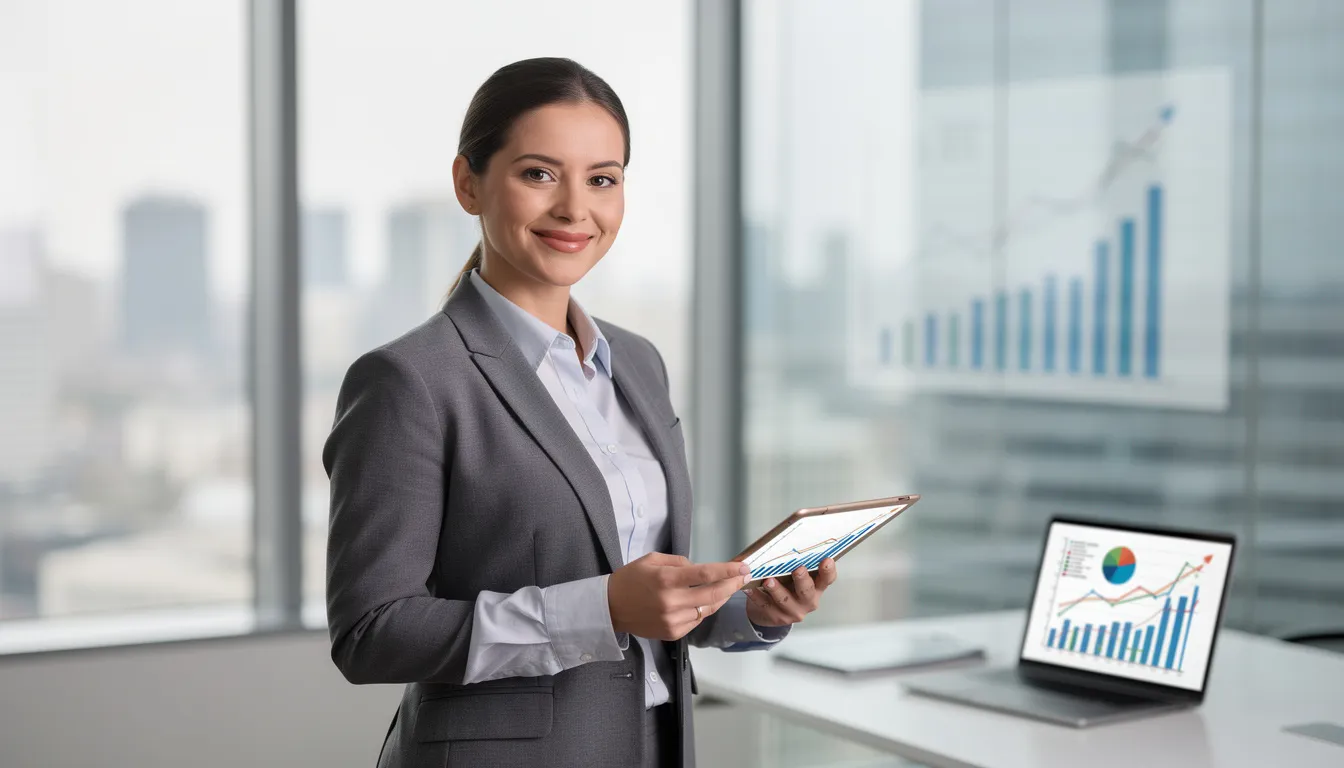 A confident professional in business attire is intently reviewing financial charts, suggesting a focus on retirement savings and investment options for secure retirement. The setting conveys a sense of purpose and expertise, likely related to advising on retirement plans and individual retirement accounts.