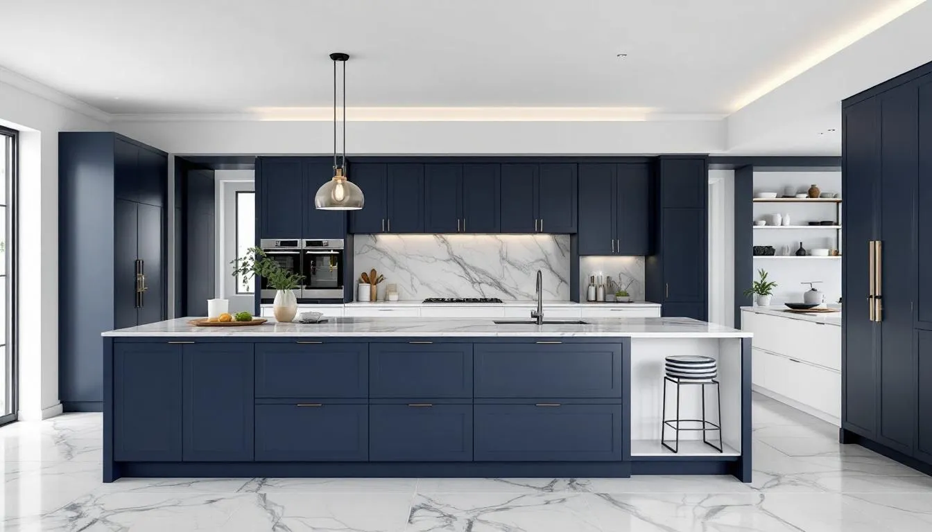 The image features a modern kitchen island with deep navy blue cabinets that contrast elegantly with white perimeter cabinets and luxurious marble countertops, creating a sophisticated and timeless design. The rich shades of blue add depth and style to the space, showcasing a perfect blend of traditional and contemporary elements.