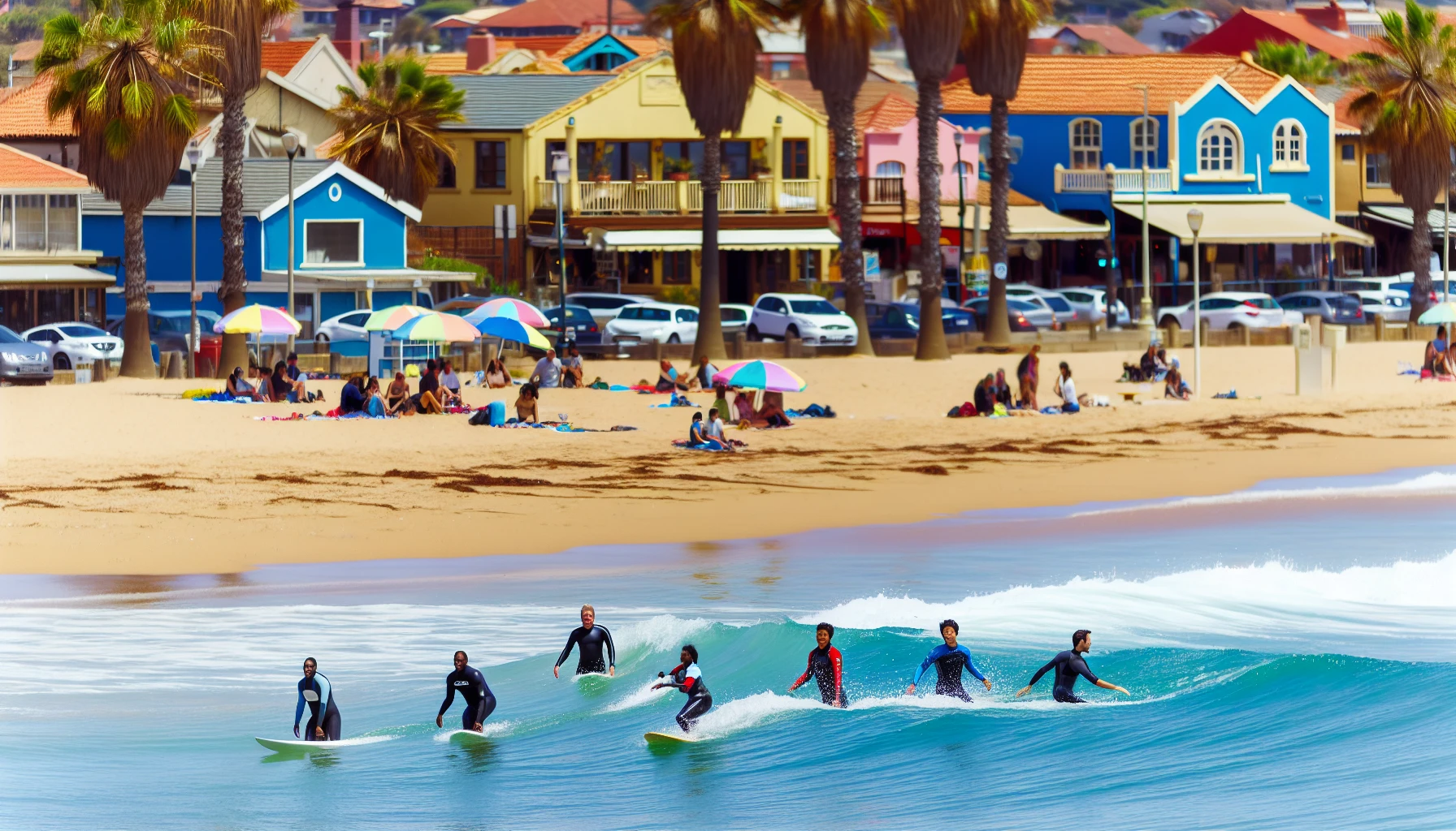 Lively beach town with surfers and palm trees