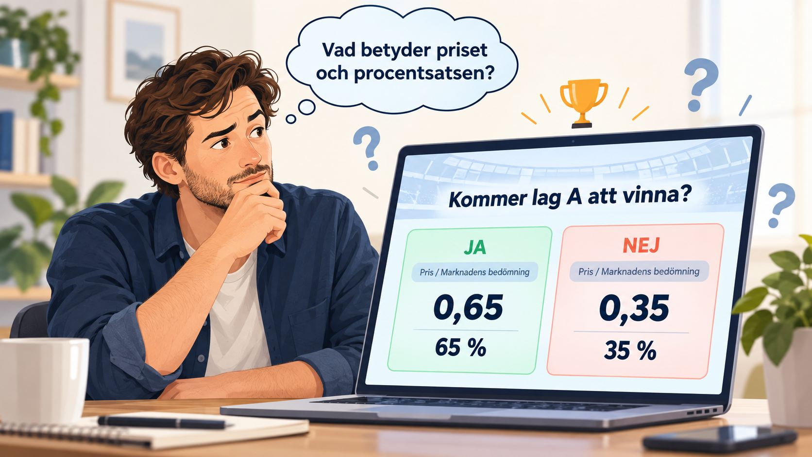 Man granskar en prognosmarknad där ja kostar 0,65 och nej 0,35, motsvarande 65 respektive 35 procent.